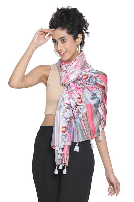 Shingora_Fuchsia Floral And Striped Pattern Silk Stole _Online_at_Aza_Fashions