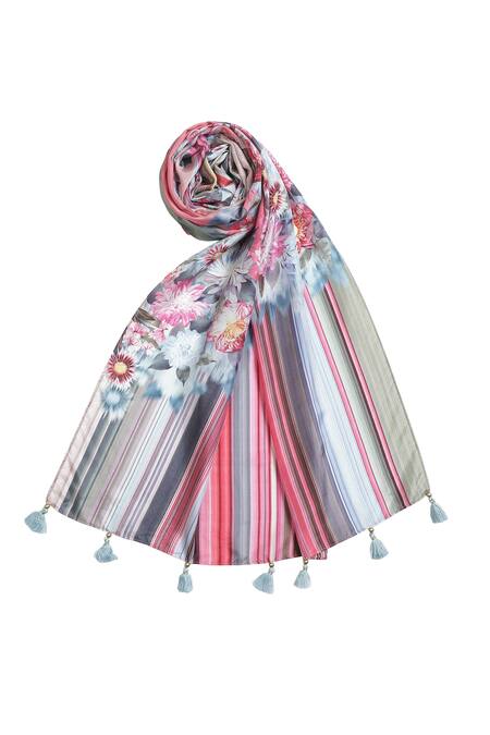 Buy_Shingora_Fuchsia Floral And Striped Pattern Silk Stole _Online_at_Aza_Fashions
