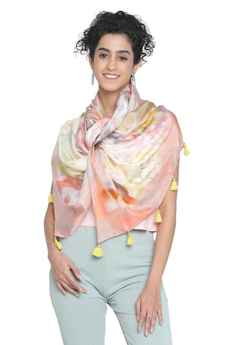 Shingora_Peach Floral Ombre Pattern Silk Stole _Online_at_Aza_Fashions