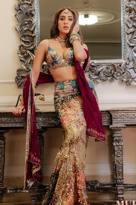 Aisha Rao Multi Color Georgette Embellished Sequined Fish Tail Skirt Set 