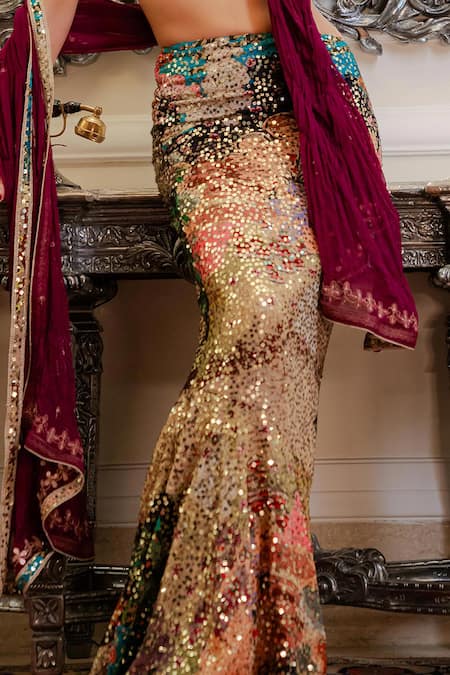 Buy_Aisha Rao_Multi Color Georgette Sequins Plunge Neck Trencadis Maze Fish Tail Skirt Set _Online_at_Aza_Fashions
