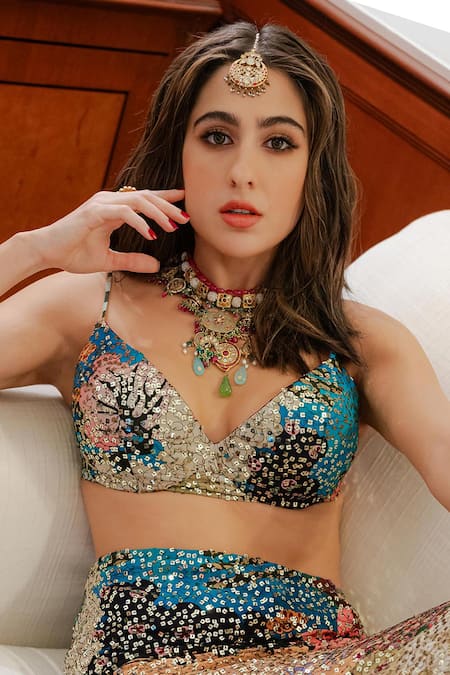 Shop Aisha Rao Multi Color Georgette Sequins Plunge Embellished Fish Tail Skirt And Blouse Set at Aza Fashions Shop_Aisha Rao_Multi Color Georgette Sequins Plunge Embellished Fish Tail Skirt And Blouse Set_at_Aza_Fashions