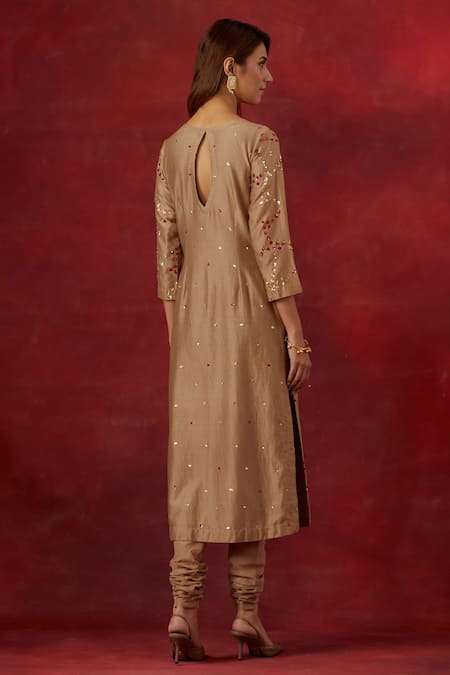 Shop Ikshita Choudhary Beige Chanderi Silk, Tissue Sequins, Embroidery Round Neck Hand Kurta Set at Aza Fashions Shop_Ikshita Choudhary_Beige Chanderi Silk, Tissue Sequins, Embroidery Round Neck Hand Kurta Set _at_Aza_Fashions