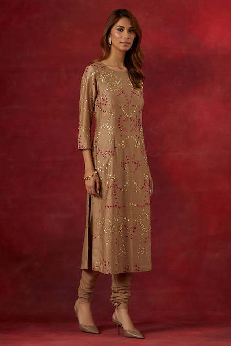 Buy Ikshita Choudhary Beige Chanderi Silk, Tissue Sequins, Embroidery Round Neck Hand Kurta Set Online at Aza Fashions Buy_Ikshita Choudhary_Beige Chanderi Silk, Tissue Sequins, Embroidery Round Neck Hand Kurta Set _Online_at_Aza_Fashions