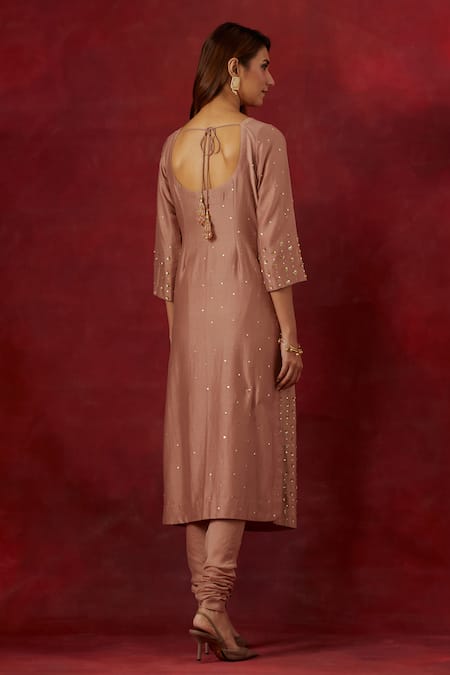 Shop Ikshita Choudhary Pink Chanderi Silk, Tissue Embroidery, Sequins Scoop Neck Hand Kurta Set at Aza Fashions Shop_Ikshita Choudhary_Pink Chanderi Silk, Tissue Embroidery, Sequins Scoop Neck Hand Kurta Set _at_Aza_Fashions