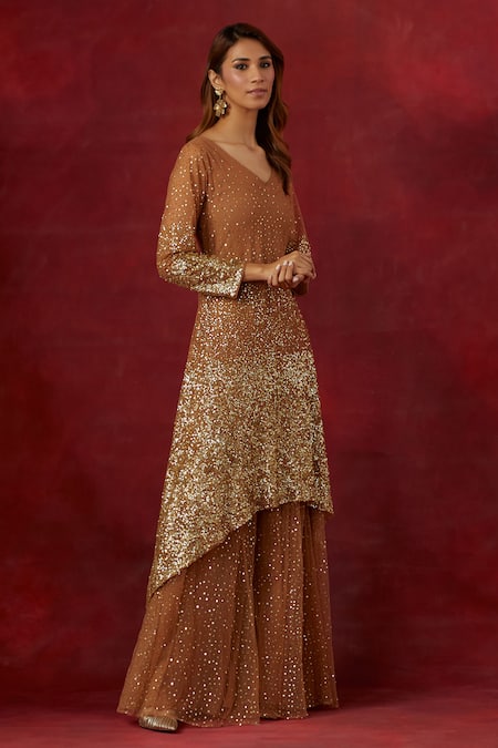 Ikshita Choudhary_Brown Tissue, Georgette Sequins V-neck Hand Embroidered Sharara Set _Online_at_Aza_Fashions