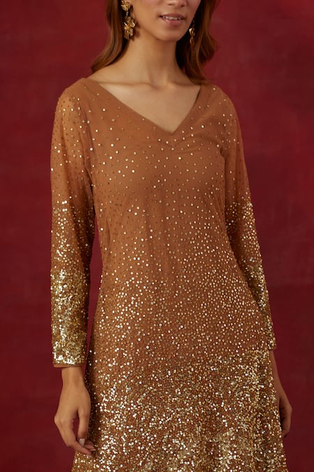 Buy_Ikshita Choudhary_Brown Tissue, Georgette Sequins V-neck Hand Embroidered Sharara Set _Online_at_Aza_Fashions