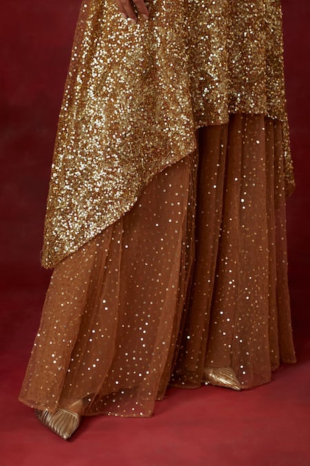 Shop_Ikshita Choudhary_Brown Tissue, Georgette Sequins V-neck Hand Embroidered Sharara Set _Online_at_Aza_Fashions