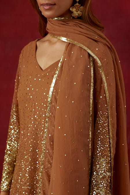Ikshita Choudhary_Brown Tissue, Georgette Sequins V-neck Hand Embroidered Sharara Set _at_Aza_Fashions