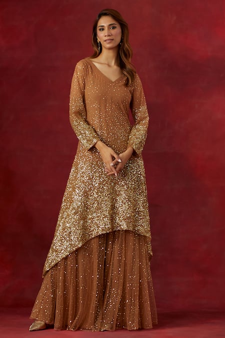 Buy_Ikshita Choudhary_Brown Tissue, Georgette Sequins V-neck Hand Embroidered Sharara Set 