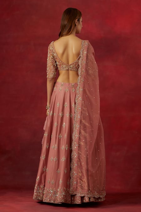 Shop Ikshita Choudhary Pink Net, Tissue, Chanderi Silk Embroidery, Sequins, Floral Hand Lehenga Set at Aza Fashions Shop_Ikshita Choudhary_Pink Net, Tissue, Chanderi Silk Embroidery, Sequins, Floral Hand Lehenga Set _at_Aza_Fashions