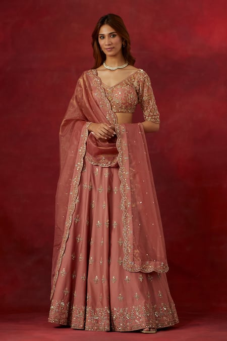 Shop Ikshita Choudhary Pink Net, Tissue, Chanderi Silk Embroidery, Sequins, Floral Hand Lehenga Set Online at Aza Fashions Shop_Ikshita Choudhary_Pink Net, Tissue, Chanderi Silk Embroidery, Sequins, Floral Hand Lehenga Set _Online_at_Aza_Fashions