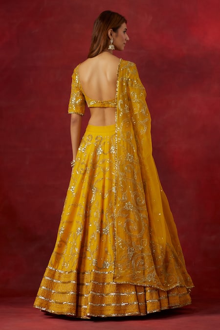 Shop Ikshita Choudhary Yellow Chanderi Silk, Organza Sequins, Embroidery, Cut Floral Vine Lehenga Set at Aza Fashions Shop_Ikshita Choudhary_Yellow Chanderi Silk, Organza Sequins, Embroidery, Cut Floral Vine Lehenga Set _at_Aza_Fashions
