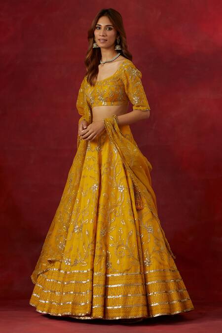 Ikshita Choudhary Yellow Chanderi Silk, Organza Sequins, Embroidery, Cut Floral Vine Lehenga Set Online at Aza Fashions Ikshita Choudhary_Yellow Chanderi Silk, Organza Sequins, Embroidery, Cut Floral Vine Lehenga Set _Online_at_Aza_Fashions