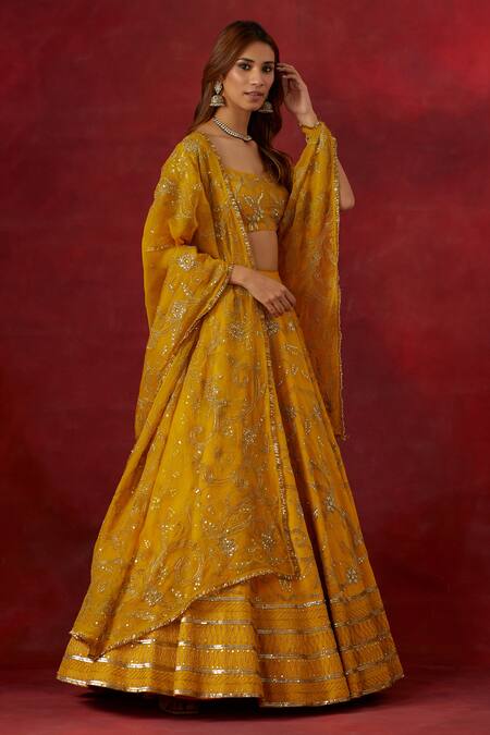 Buy Ikshita Choudhary Yellow Chanderi Silk, Organza Sequins, Embroidery, Cut Floral Vine Lehenga Set Online at Aza Fashions Buy_Ikshita Choudhary_Yellow Chanderi Silk, Organza Sequins, Embroidery, Cut Floral Vine Lehenga Set _Online_at_Aza_Fashions