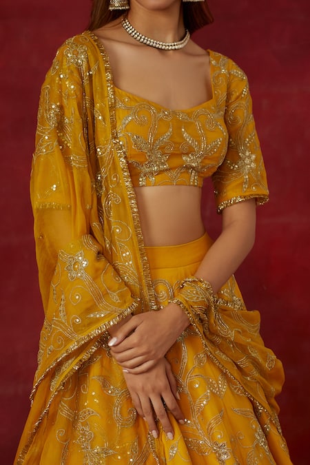 Shop Ikshita Choudhary Yellow Chanderi Silk, Organza Sequins, Embroidery, Cut Floral Vine Lehenga Set Online at Aza Fashions Shop_Ikshita Choudhary_Yellow Chanderi Silk, Organza Sequins, Embroidery, Cut Floral Vine Lehenga Set _Online_at_Aza_Fashions