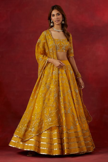 Ikshita Choudhary Yellow Chanderi Silk, Organza Sequins, Embroidery, Cut Floral Vine Lehenga Set at Aza Fashions Ikshita Choudhary_Yellow Chanderi Silk, Organza Sequins, Embroidery, Cut Floral Vine Lehenga Set _at_Aza_Fashions