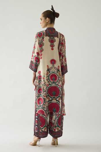 Shop Rajdeep Ranawat Beige Silk Mirrors, Embroidery Bandeau Baaka Bud Blossom Print High Low Tunic at Aza Fashions Shop_Rajdeep Ranawat_Beige Silk Mirrors, Embroidery Bandeau Baaka Bud Blossom Print High Low Tunic _at_Aza_Fashions