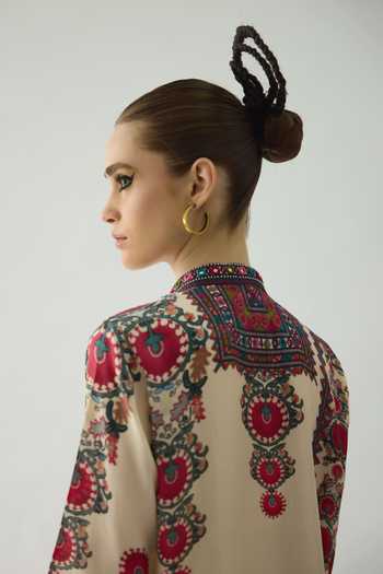 Rajdeep Ranawat Beige Silk Mirrors, Embroidery Bandeau Baaka Bud Blossom Print High Low Tunic at Aza Fashions Rajdeep Ranawat_Beige Silk Mirrors, Embroidery Bandeau Baaka Bud Blossom Print High Low Tunic _at_Aza_Fashions