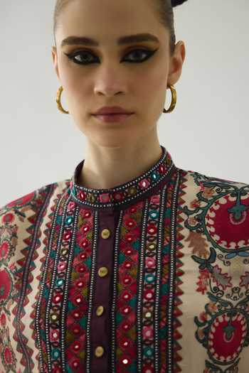 Buy Rajdeep Ranawat Beige Silk Mirrors, Embroidery Bandeau Baaka Bud Blossom Print High Low Tunic Buy_Rajdeep Ranawat_Beige Silk Mirrors, Embroidery Bandeau Baaka Bud Blossom Print High Low Tunic