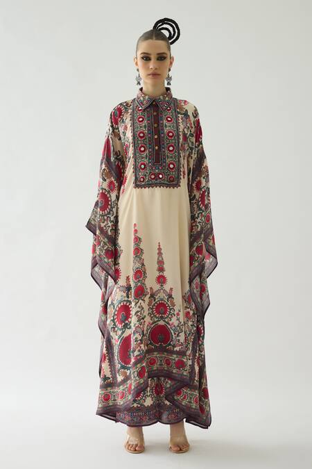 Rajdeep Ranawat Beige Silk Mirrors Collared Sharifa Baroque Bloom Print Boxy Kaftan Online at Aza Fashions Rajdeep Ranawat_Beige Silk Mirrors Collared Sharifa Baroque Bloom Print Boxy Kaftan _Online_at_Aza_Fashions
