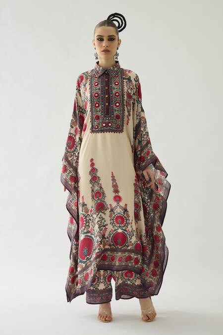 Buy Rajdeep Ranawat Beige Silk Mirrors Collared Sharifa Baroque Bloom Print Boxy Kaftan Online at Aza Fashions Buy_Rajdeep Ranawat_Beige Silk Mirrors Collared Sharifa Baroque Bloom Print Boxy Kaftan _Online_at_Aza_Fashions