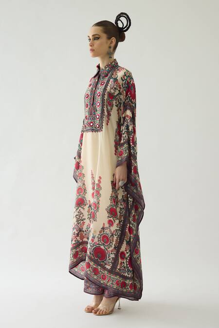Shop Rajdeep Ranawat Beige Silk Mirrors Collared Sharifa Baroque Bloom Print Boxy Kaftan Online at Aza Fashions Shop_Rajdeep Ranawat_Beige Silk Mirrors Collared Sharifa Baroque Bloom Print Boxy Kaftan _Online_at_Aza_Fashions
