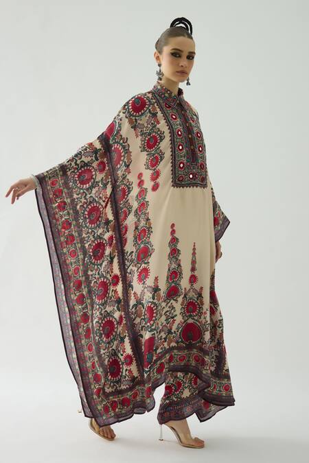 Rajdeep Ranawat Beige Silk Mirrors Collared Sharifa Baroque Bloom Print Boxy Kaftan at Aza Fashions Rajdeep Ranawat_Beige Silk Mirrors Collared Sharifa Baroque Bloom Print Boxy Kaftan _at_Aza_Fashions