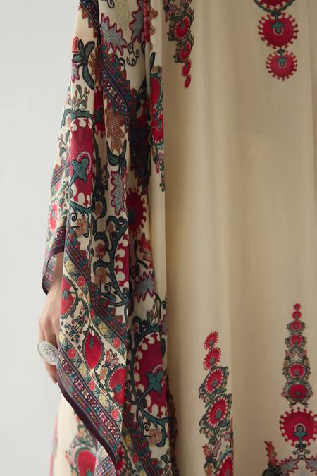 Buy Rajdeep Ranawat Beige Silk Mirrors Collared Sharifa Baroque Bloom Print Boxy Kaftan Buy_Rajdeep Ranawat_Beige Silk Mirrors Collared Sharifa Baroque Bloom Print Boxy Kaftan