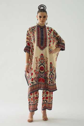 Buy Rajdeep Ranawat Beige Silk Embroidery Mandarin Collar Tulip Blossom Print Tunic at Aza Fashions Buy_Rajdeep Ranawat_Beige Silk Embroidery Mandarin Collar Tulip Blossom Print Tunic _at_Aza_Fashions