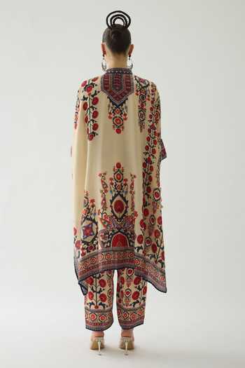 Shop Rajdeep Ranawat Beige Silk Embroidery Mandarin Collar Tulip Blossom Print Tunic at Aza Fashions Shop_Rajdeep Ranawat_Beige Silk Embroidery Mandarin Collar Tulip Blossom Print Tunic _at_Aza_Fashions