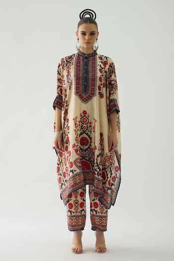 Rajdeep Ranawat Beige Silk Embroidery Mandarin Collar Tulip Blossom Print Tunic Online at Aza Fashions Rajdeep Ranawat_Beige Silk Embroidery Mandarin Collar Tulip Blossom Print Tunic _Online_at_Aza_Fashions