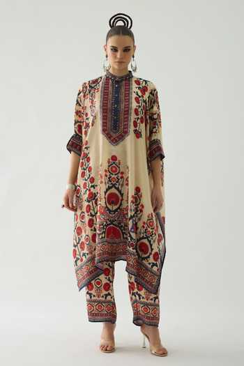Buy Rajdeep Ranawat Beige Silk Embroidery Mandarin Collar Tulip Blossom Print Tunic Online at Aza Fashions Buy_Rajdeep Ranawat_Beige Silk Embroidery Mandarin Collar Tulip Blossom Print Tunic _Online_at_Aza_Fashions