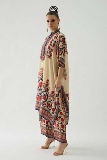 Shop Rajdeep Ranawat Beige Silk Embroidery Mandarin Collar Tulip Blossom Print Tunic Online at Aza Fashions Shop_Rajdeep Ranawat_Beige Silk Embroidery Mandarin Collar Tulip Blossom Print Tunic _Online_at_Aza_Fashions