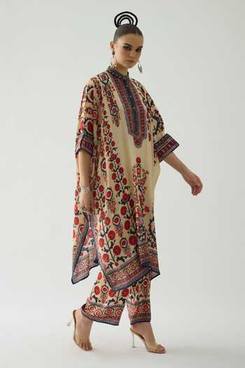 Rajdeep Ranawat Beige Silk Embroidery Mandarin Collar Tulip Blossom Print Tunic at Aza Fashions Rajdeep Ranawat_Beige Silk Embroidery Mandarin Collar Tulip Blossom Print Tunic _at_Aza_Fashions