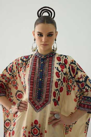 Buy Rajdeep Ranawat Beige Silk Embroidery Mandarin Collar Tulip Blossom Print Tunic Buy_Rajdeep Ranawat_Beige Silk Embroidery Mandarin Collar Tulip Blossom Print Tunic