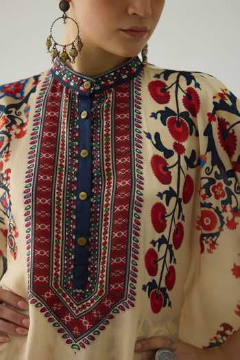 Shop Rajdeep Ranawat Beige Silk Embroidery Mandarin Collar Tulip Blossom Print Tunic Shop_Rajdeep Ranawat_Beige Silk Embroidery Mandarin Collar Tulip Blossom Print Tunic