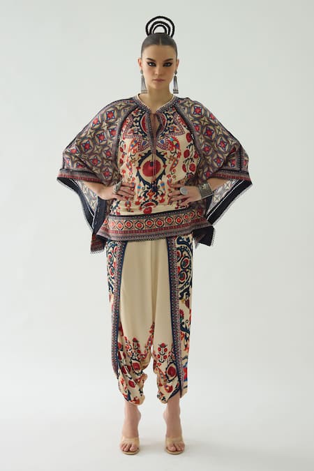 Rajdeep Ranawat Beige Silk Print Mixed Bloom Mandarin Collar Ramona Poncho Top  