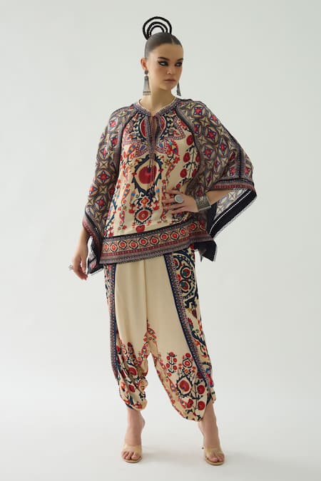 Buy_Rajdeep Ranawat_Beige Silk Embroidery Mandarin Collar Ramona Mixed Bloom Print Poncho Top _Online_at_Aza_Fashions