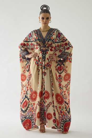 Buy Rajdeep Ranawat Beige Silk V-neck Imama Gardenia Print Jewelled Waist Kaftan at Aza Fashions Buy_Rajdeep Ranawat_Beige Silk V-neck Imama Gardenia Print Jewelled Waist Kaftan _at_Aza_Fashions