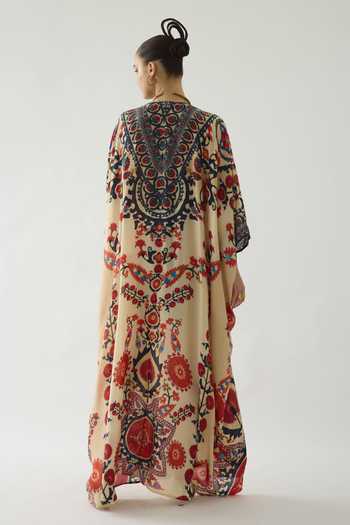 Shop Rajdeep Ranawat Beige Silk V-neck Imama Gardenia Print Jewelled Waist Kaftan at Aza Fashions Shop_Rajdeep Ranawat_Beige Silk V-neck Imama Gardenia Print Jewelled Waist Kaftan _at_Aza_Fashions