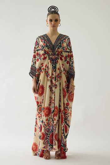 Rajdeep Ranawat Beige Silk V-neck Imama Gardenia Print Jewelled Waist Kaftan Online at Aza Fashions Rajdeep Ranawat_Beige Silk V-neck Imama Gardenia Print Jewelled Waist Kaftan _Online_at_Aza_Fashions