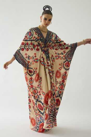 Buy Rajdeep Ranawat Beige Silk V-neck Imama Gardenia Print Jewelled Waist Kaftan Online at Aza Fashions Buy_Rajdeep Ranawat_Beige Silk V-neck Imama Gardenia Print Jewelled Waist Kaftan _Online_at_Aza_Fashions