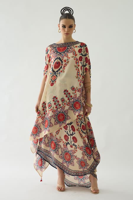 Rajdeep Ranawat Beige Silk Print Gardenia Fleur Boat Kamini Long Top With Skirt  