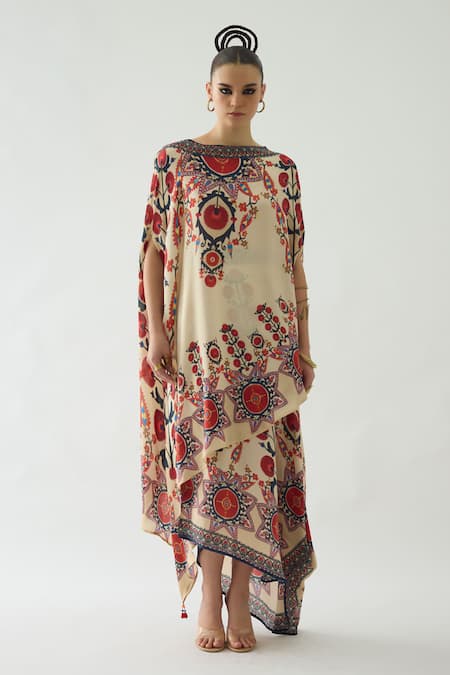 Rajdeep Ranawat_Beige Silk Boat Neck Kamini Gardenia Fleur Print Long Top With Skirt _Online_at_Aza_Fashions