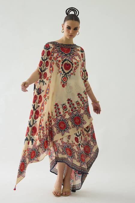 Buy_Rajdeep Ranawat_Beige Silk Boat Neck Kamini Gardenia Fleur Print Long Top With Skirt _Online_at_Aza_Fashions