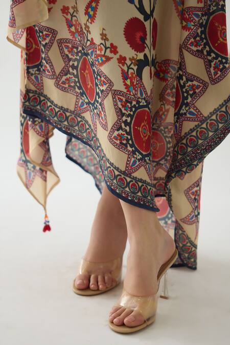 Shop_Rajdeep Ranawat_Beige Silk Boat Neck Kamini Gardenia Fleur Print Long Top With Skirt _Online_at_Aza_Fashions