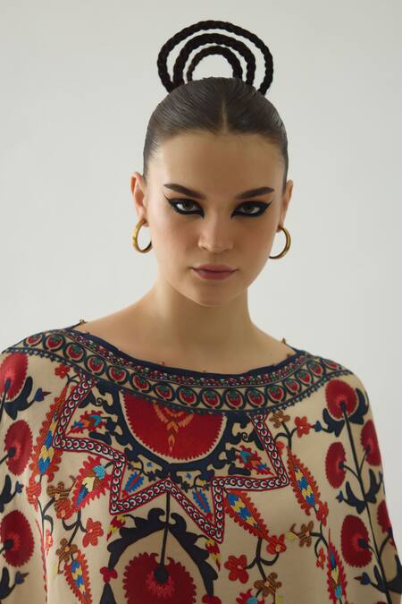 Rajdeep Ranawat_Beige Silk Boat Neck Kamini Gardenia Fleur Print Long Top With Skirt _at_Aza_Fashions