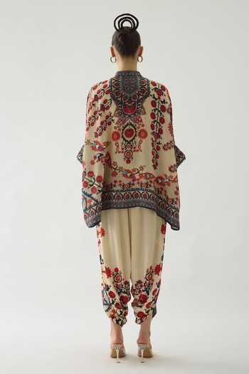 Shop Rajdeep Ranawat Beige Silk Embroidery Bandeau Neck Chanel Bloom Garden Print Tunic at Aza Fashions Shop_Rajdeep Ranawat_Beige Silk Embroidery Bandeau Neck Chanel Bloom Garden Print Tunic _at_Aza_Fashions