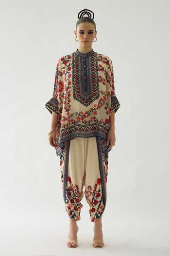 Rajdeep Ranawat Beige Silk Embroidery Bandeau Neck Chanel Bloom Garden Print Tunic Online at Aza Fashions Rajdeep Ranawat_Beige Silk Embroidery Bandeau Neck Chanel Bloom Garden Print Tunic _Online_at_Aza_Fashions